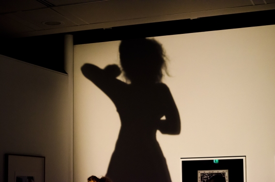 A large shadow of the woman with her arm raised a if she is working, making something